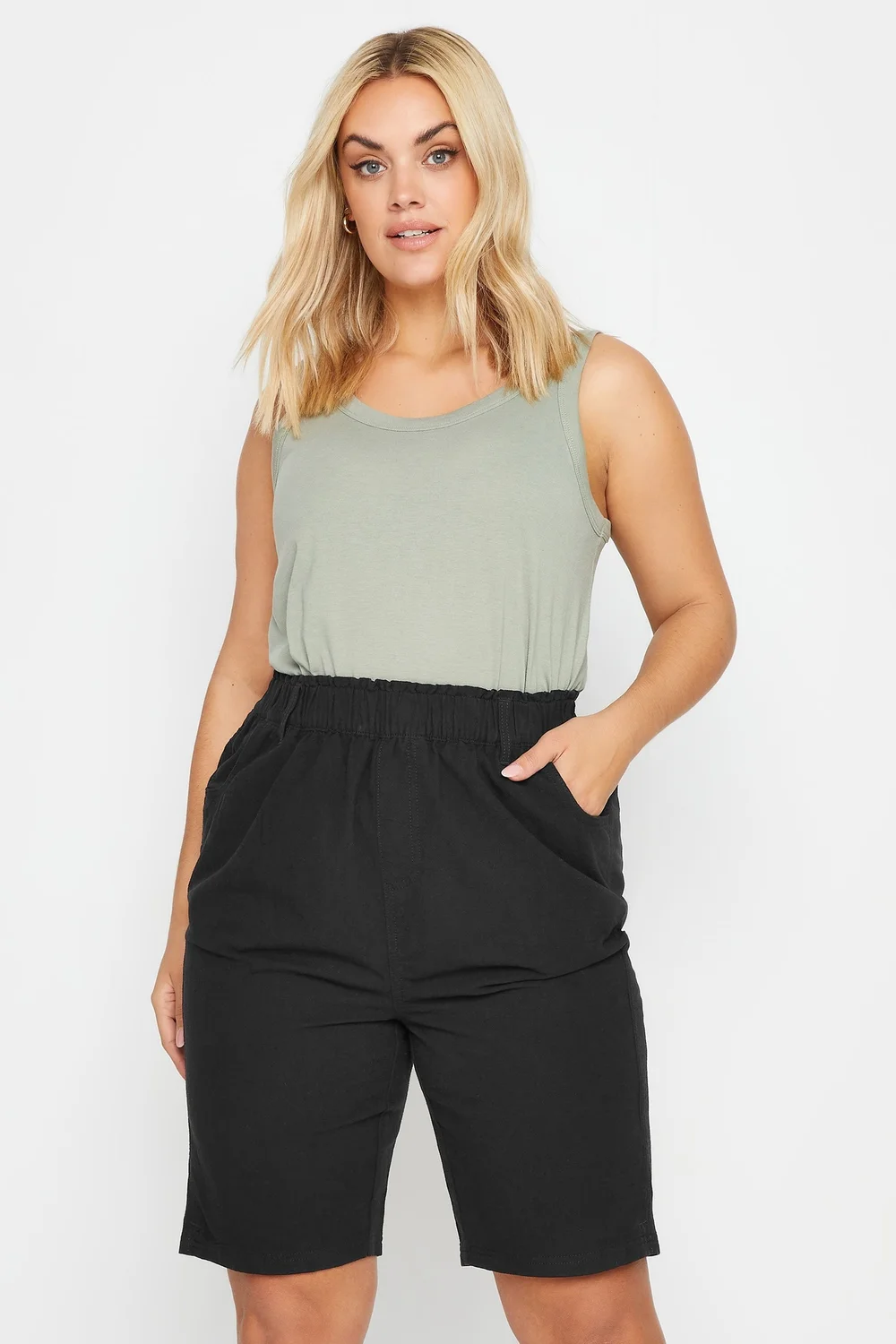 Yours Curve Black Elasticated Cool Cotton Shorts - 30-32 Image 1