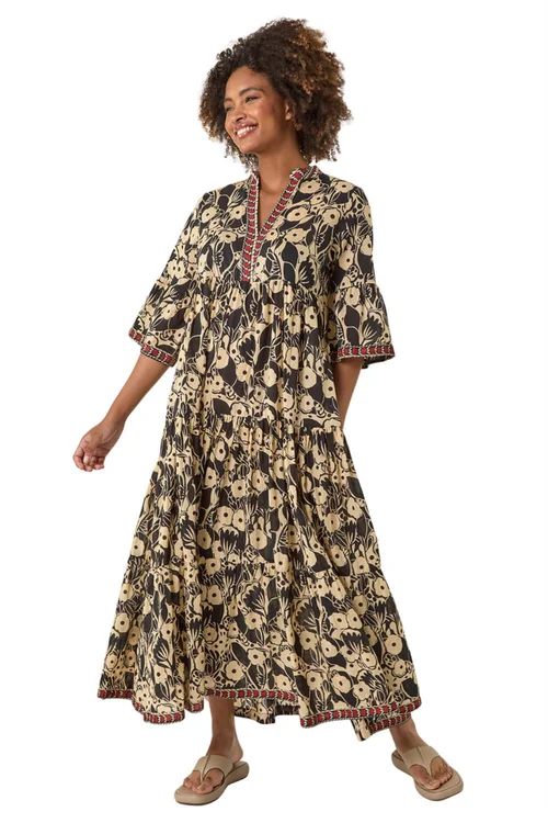 Roman Brown Floral Print Border Maxi Dress - 16 Image 2