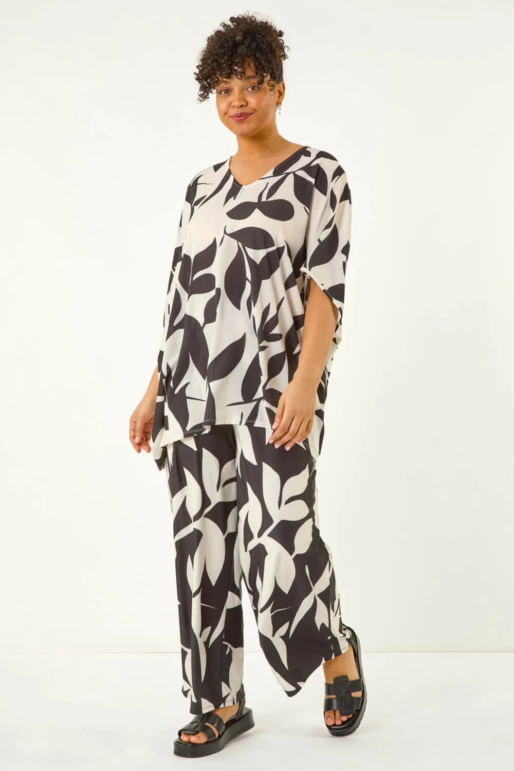Roman Black Curve Leaf Print Stretch Trousers - 22-24 Image 3