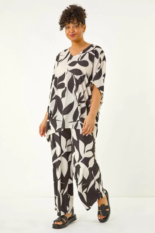 Roman Black Curve Leaf Print Stretch Trousers - 22-24 Image 3