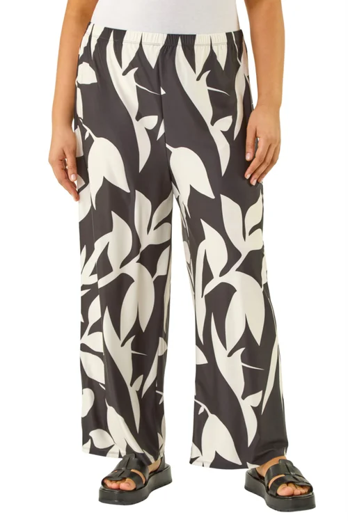 Roman Black Curve Leaf Print Stretch Trousers - 22-24 Image 1