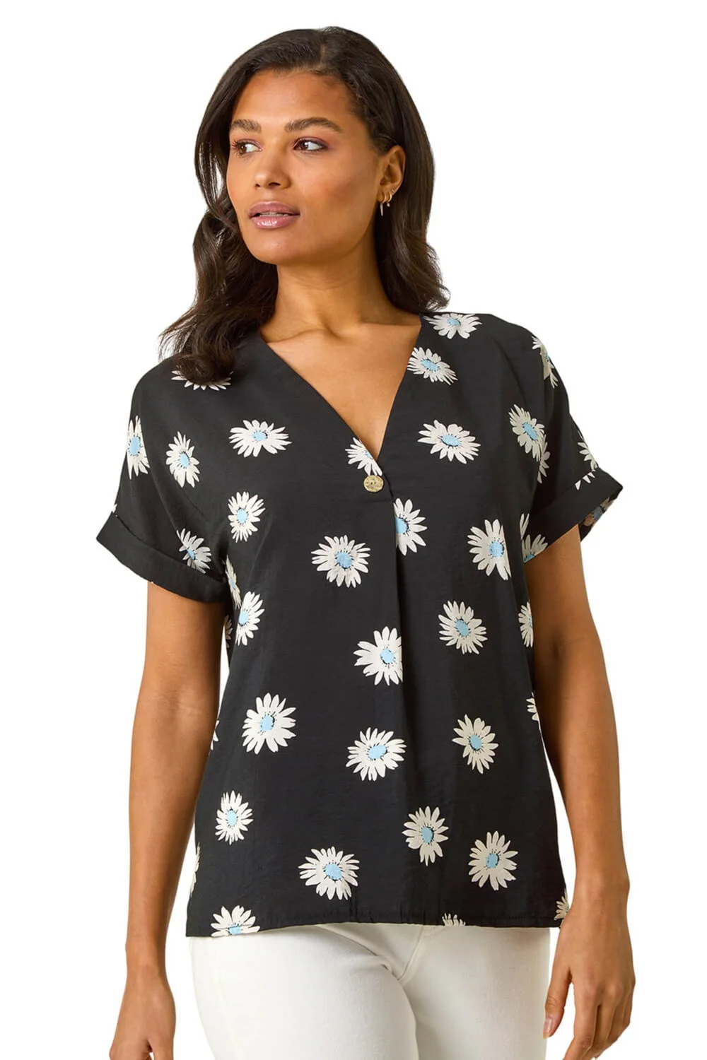Roman Black Daisy Print Pleat Front Top - 12 Image 1