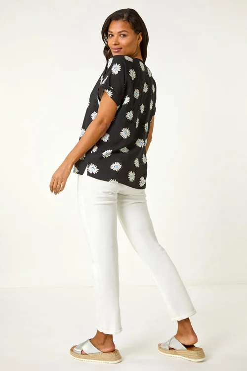 Roman Black Daisy Print Pleat Front Top - 12 Image 4