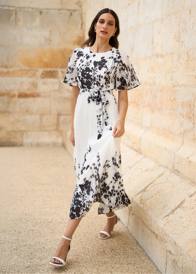 Yumi White Mirror Floral Design Pleated Midi Dress