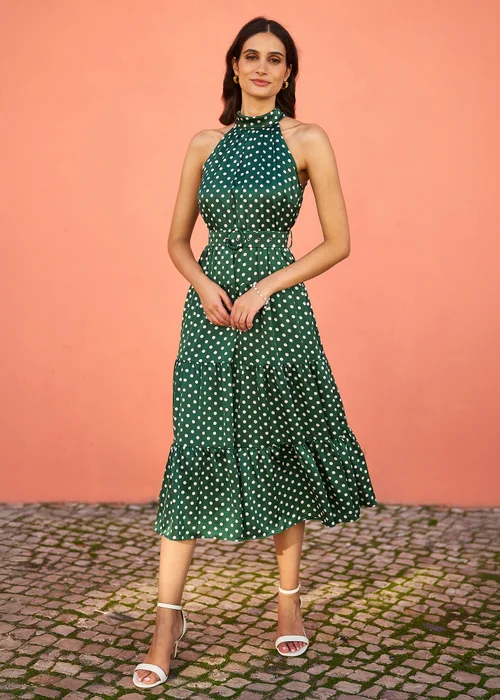 Yumi Green Spot Print Halter Midi Dress With Matching Belt - 16 Image 1