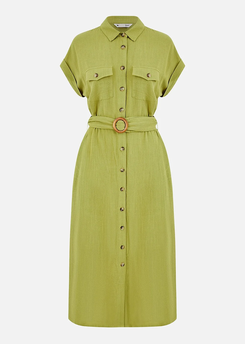 Yumi Green Viscose Linen Look Midi Shirt Dress With Wooden Belt - 8 | Matalan Yumi Green Viscose Linen Look Midi Shirt Dress With Wooden Belt - 8 | Matalan