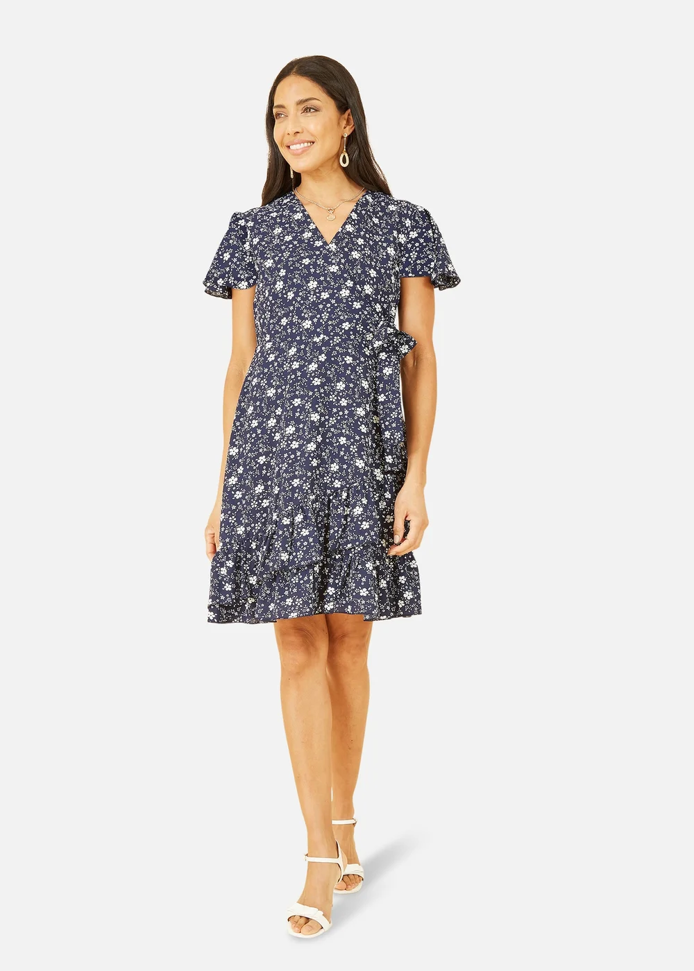 Yumi Navy Ditsy Floral Wrap Frill Dress - 22 Image 2