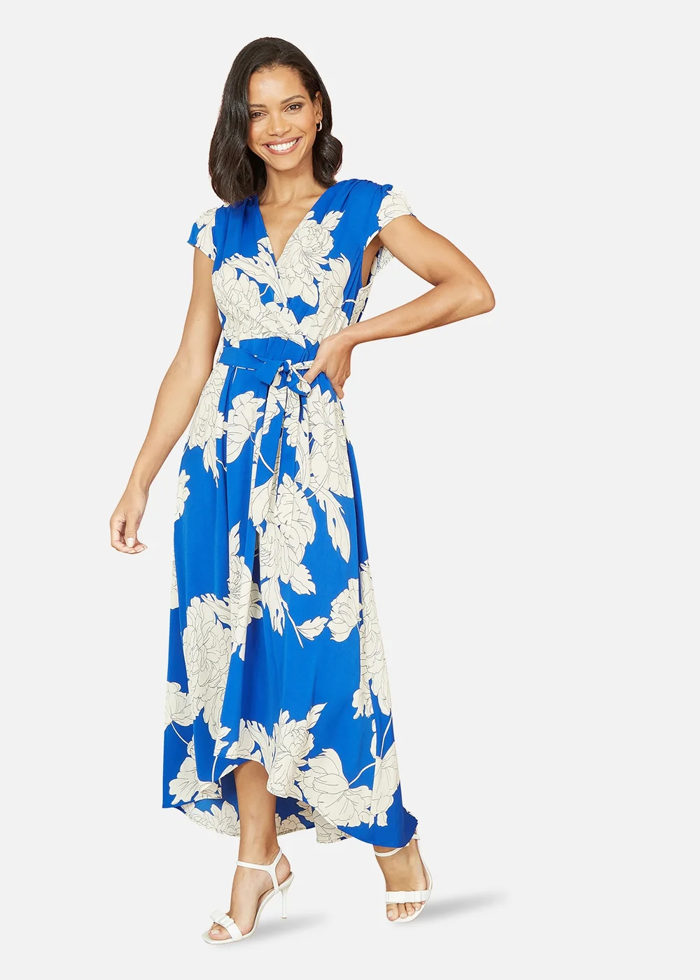 Yumi Blue Blossom Print Wrap Midi With Dipped Hem - 18 Image 1