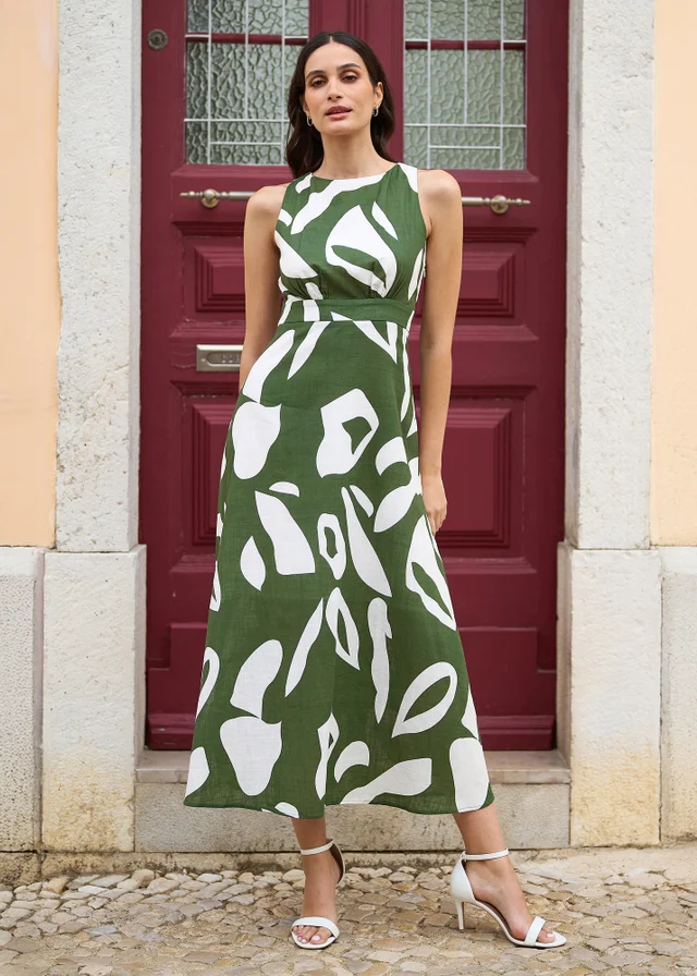 Yumi Green Cotton Abstract Print Maxi Dress With Tie Back