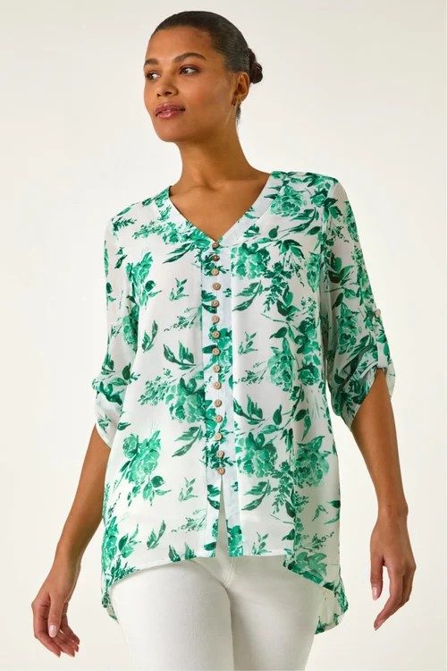 Roman Green Floral Print V Neck Button Front Top - 18 Image 1