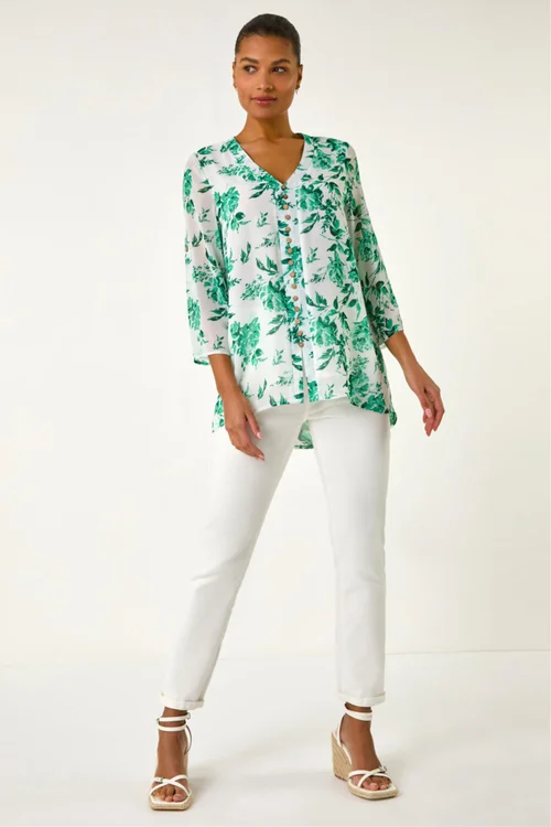 Roman Green Floral Print V Neck Button Front Top - 18 Image 4