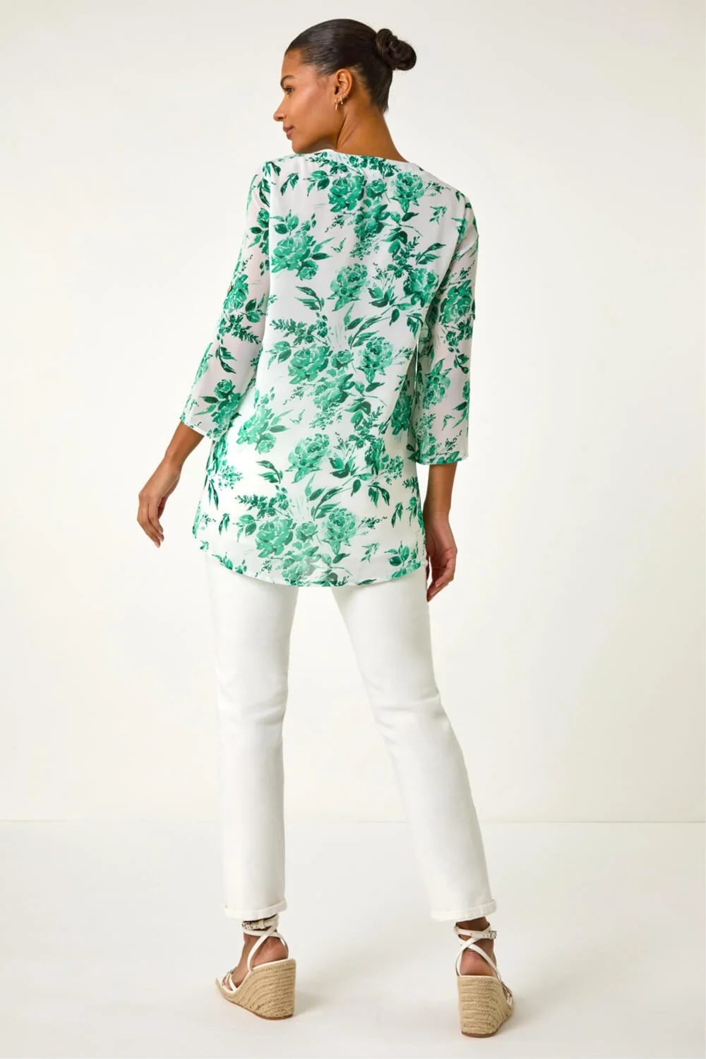 Roman Green Floral Print V Neck Button Front Top - 18 Image 3