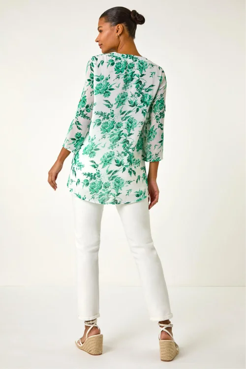 Roman Green Floral Print V Neck Button Front Top - 18 Image 3