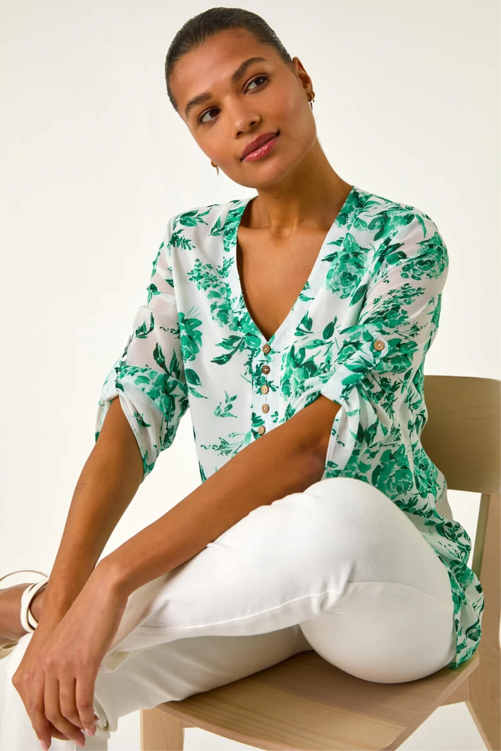 Roman Green Floral Print V Neck Button Front Top - 18 Image 2