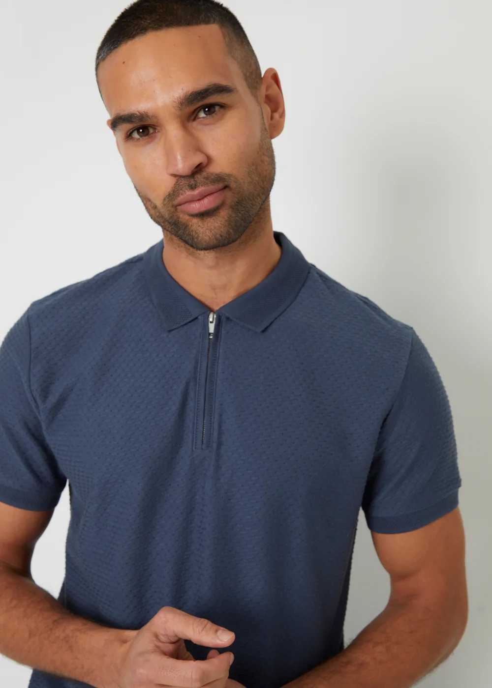 Threadbare Blue Textured Cotton Quarter Zip Polo Shirt - L Image 3