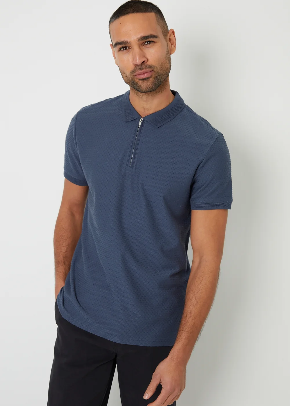 Threadbare Blue Textured Cotton Quarter Zip Polo Shirt - L Image 1