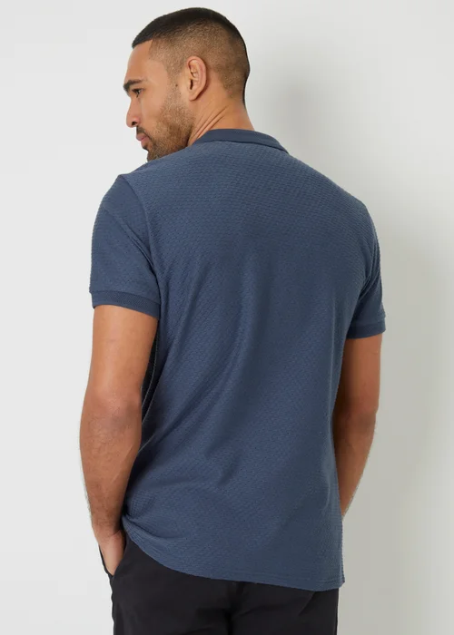 Threadbare Blue Textured Cotton Quarter Zip Polo Shirt - L Image 2