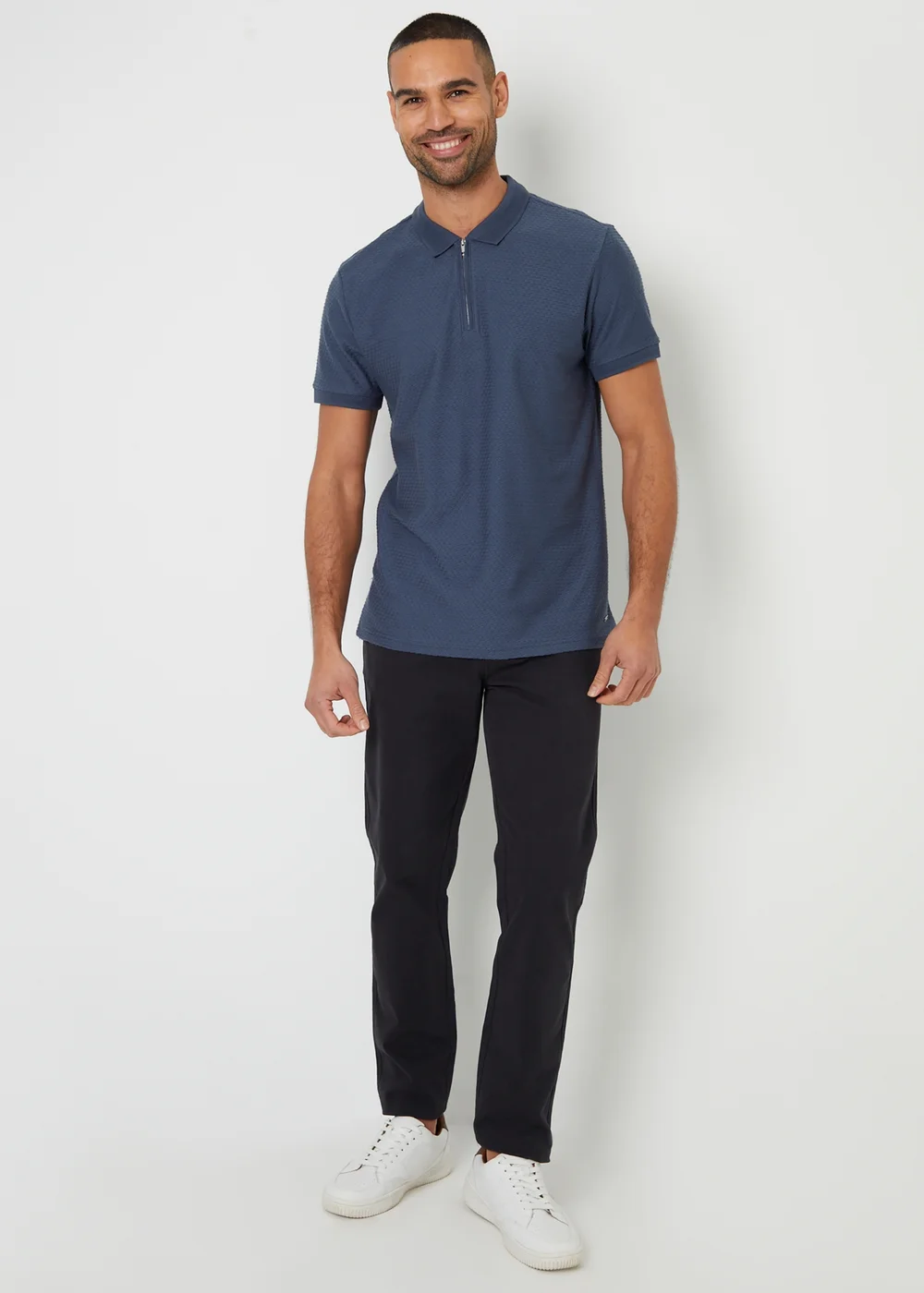 Threadbare Blue Textured Cotton Quarter Zip Polo Shirt - L Image 4