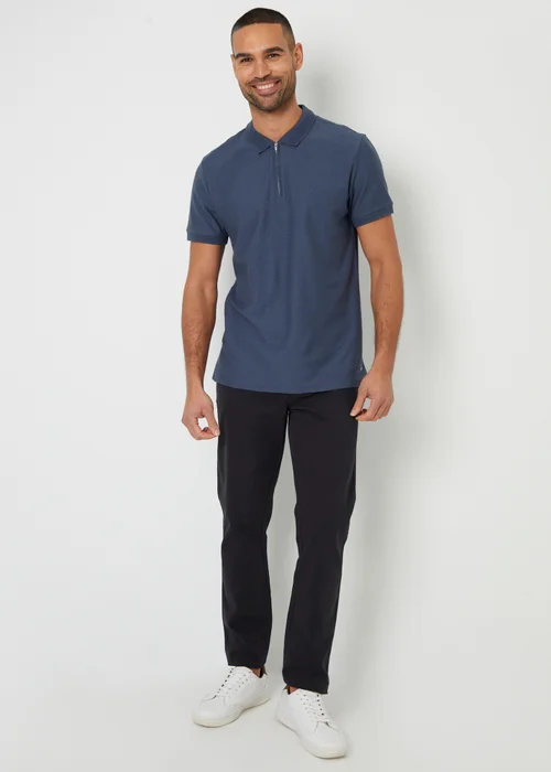 Threadbare Blue Textured Cotton Quarter Zip Polo Shirt - L Image 4