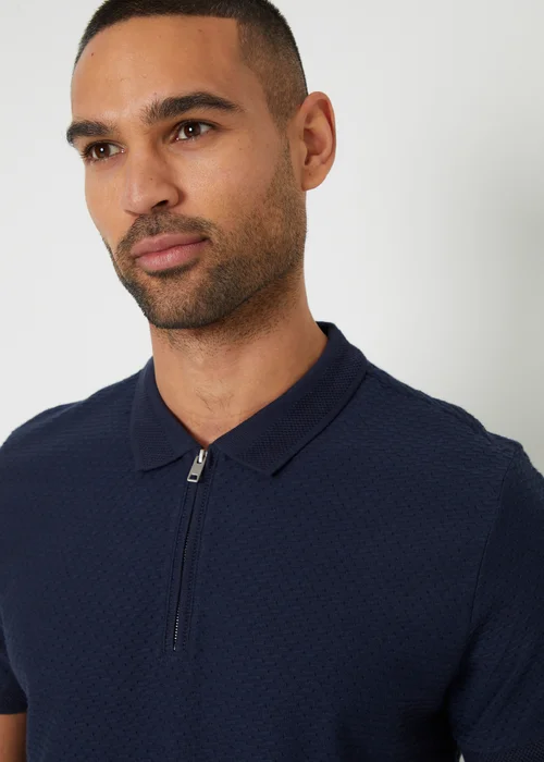 Threadbare Navy Textured Cotton Quarter Zip Polo Shirt - 2XL Image 3