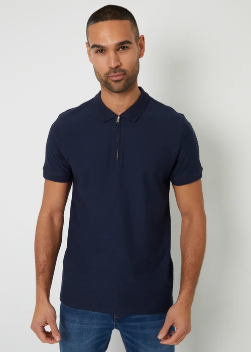 Threadbare Navy Textured Cotton Quarter Zip Polo Shirt - 2XL Image 1
