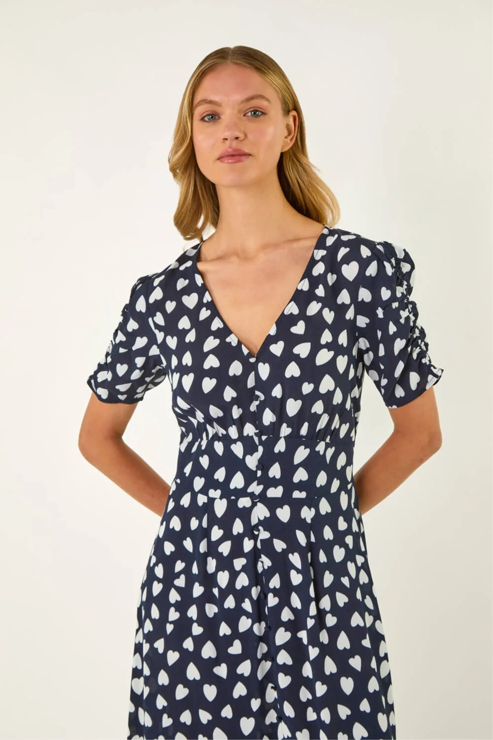 Roman Navy Heart Print Ruched Midi Dress - 10 Image 4