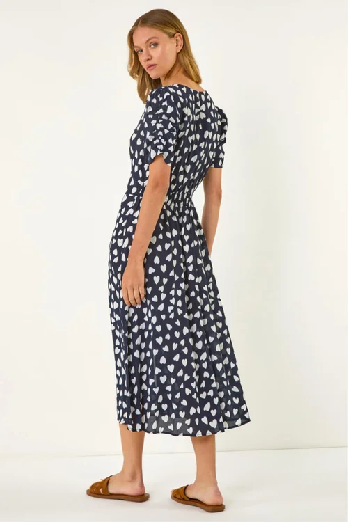 Roman Navy Heart Print Ruched Midi Dress - 10 Image 3