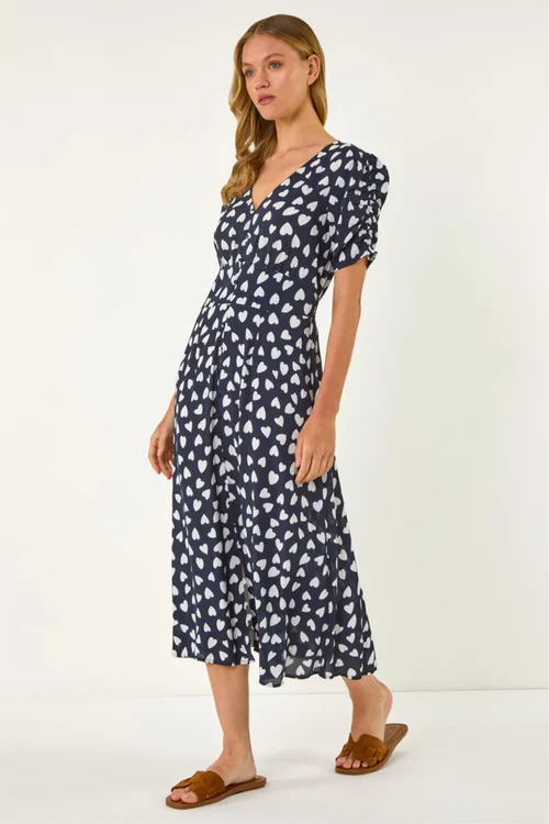Roman Navy Heart Print Ruched Midi Dress - 10 Image 2