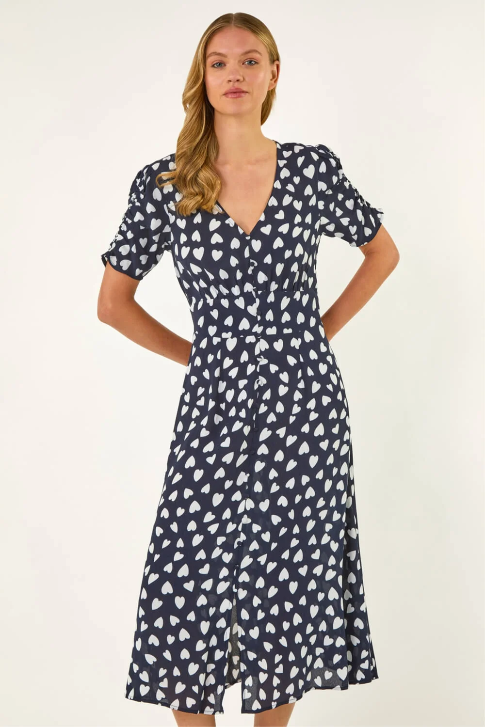 Roman Navy Heart Print Ruched Midi Dress - 10 Image 1
