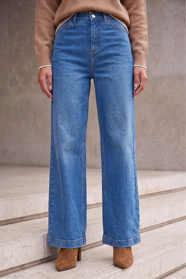 Roman Light Denim Cotton Blend Wide Leg Stretch Jeans