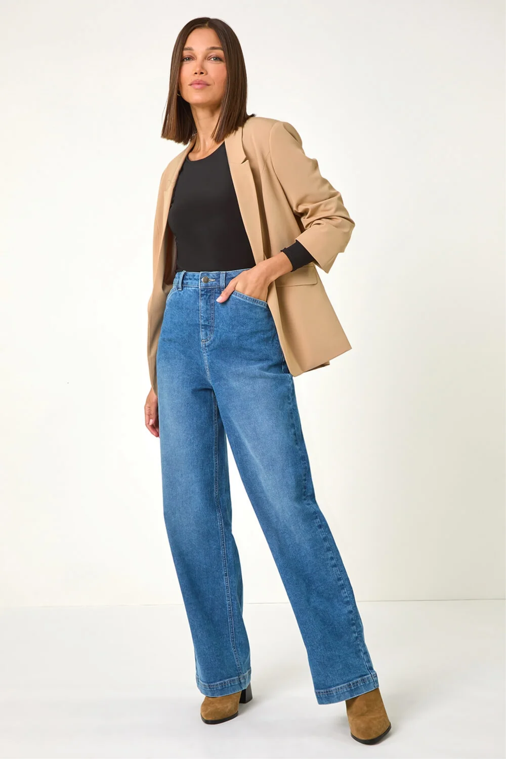 Roman Light Denim Cotton Blend Wide Leg Stretch Jeans - 14 Image 3