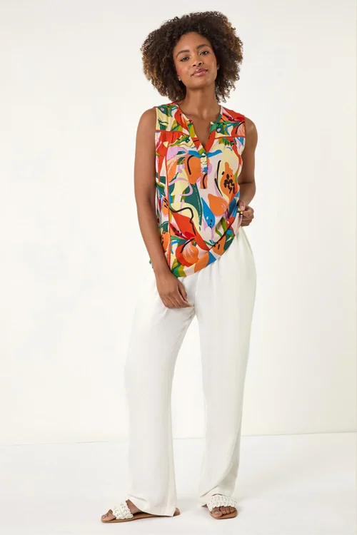 Roman Multi Abstract Print V-Neck Button Top - 10 Image 3