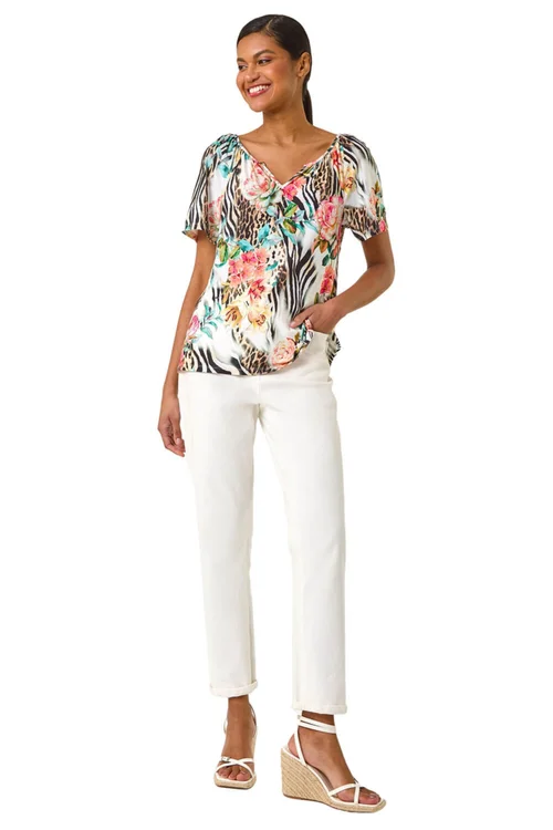 Roman Coral Animal Floral Notch Neck Top - Size 14 Image 2