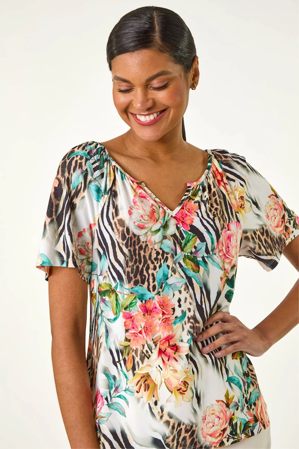 Roman Coral Animal Floral Notch Neck Top - Size 14 Image 4