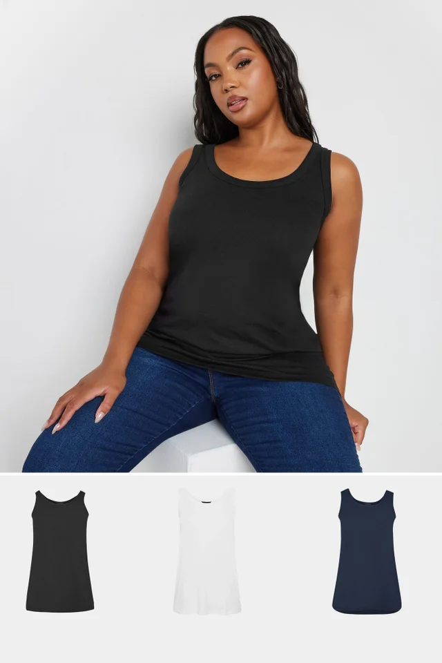 Yours 3 Pack Curve Navy Blue, Black & White Core Vest Tops
