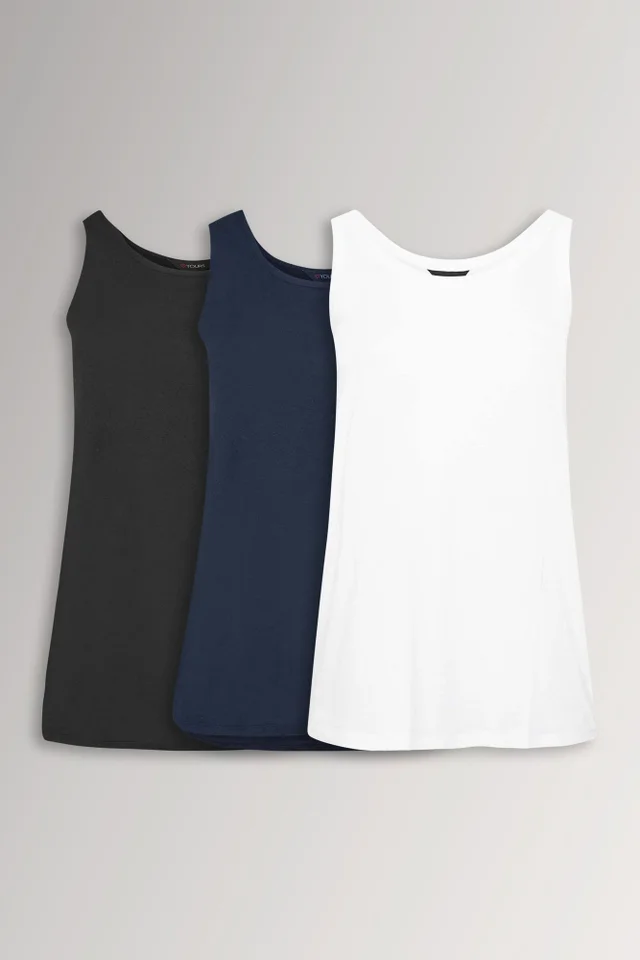 Yours 3 Pack Curve Navy Blue, Black & White Core Vest Tops