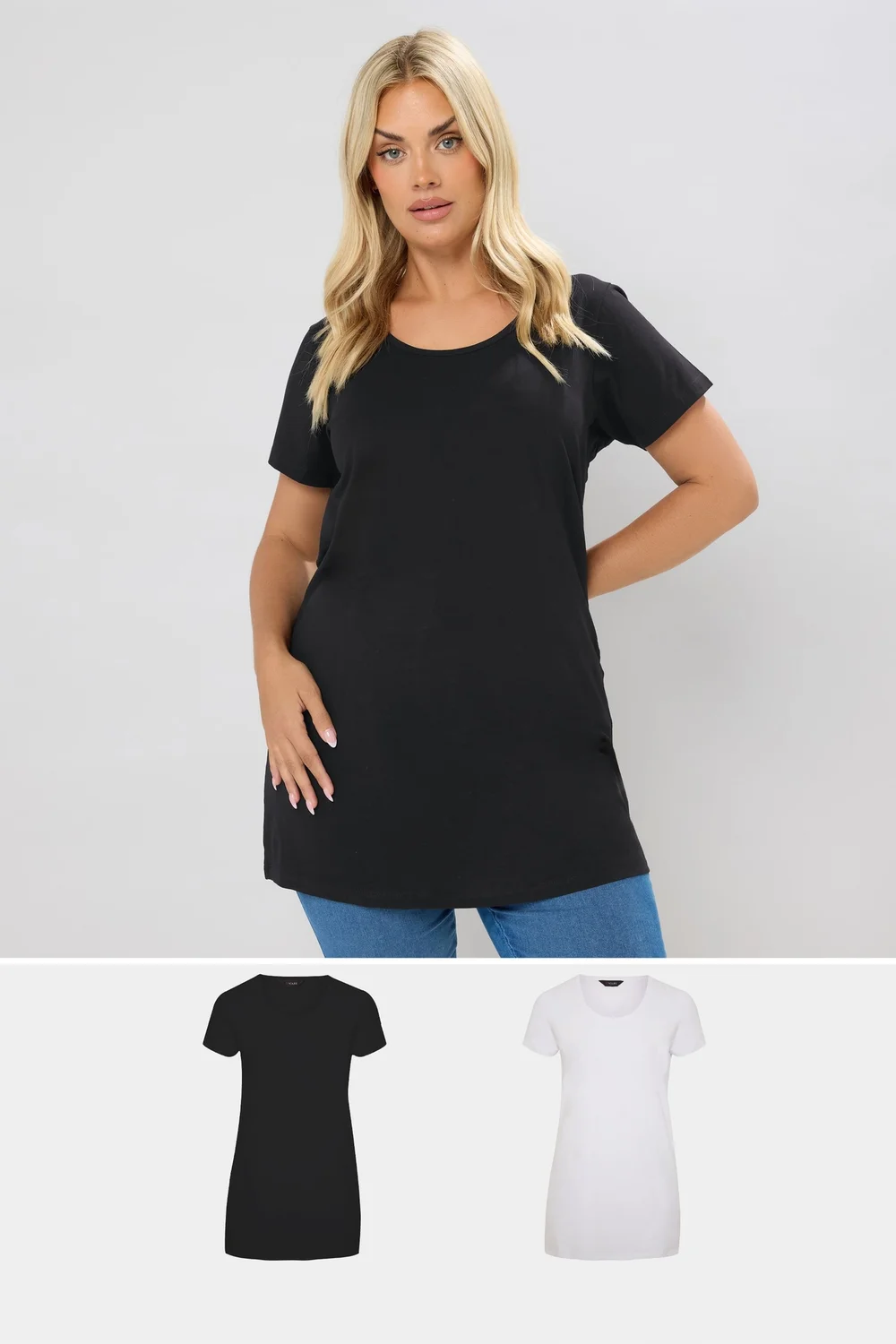 Yours Curve 2 Pack Black & White Longline T Shirts - 38-40 Image 1