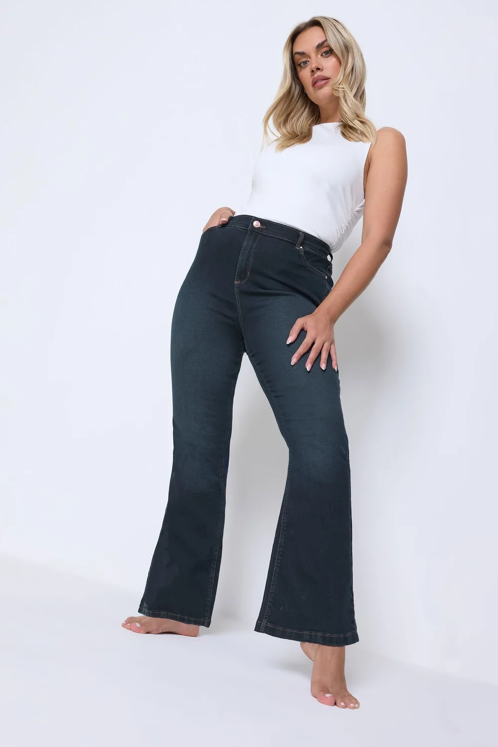 Yours Curve Dark Indigo Blue Bootcut Stretch ISLA Jeans - 26/L32 Image 2