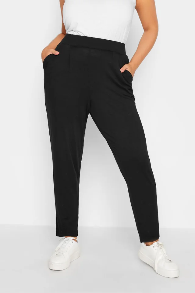 Yours Curve Black Double Pleat Jersey Stretch Joggers