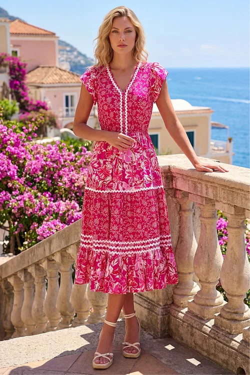 Roman Pink Floral Contrast Stitch Midi Dress - 14 Image 1