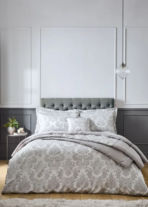 Catherine Lansfield Damask Jacquard Duvet Cover Set Silver Grey - Single Image 1