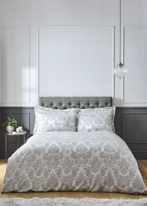 Catherine Lansfield Damask Jacquard Duvet Cover Set Silver Grey - Single Image 2