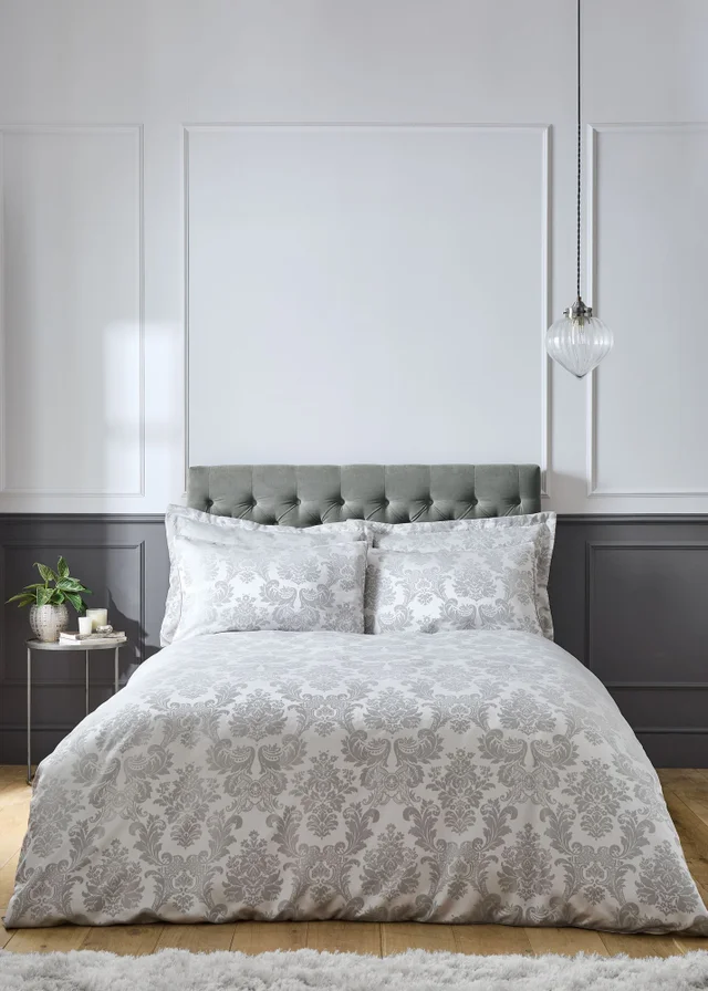 Catherine Lansfield Damask Jacquard Duvet Cover Set Silver Grey