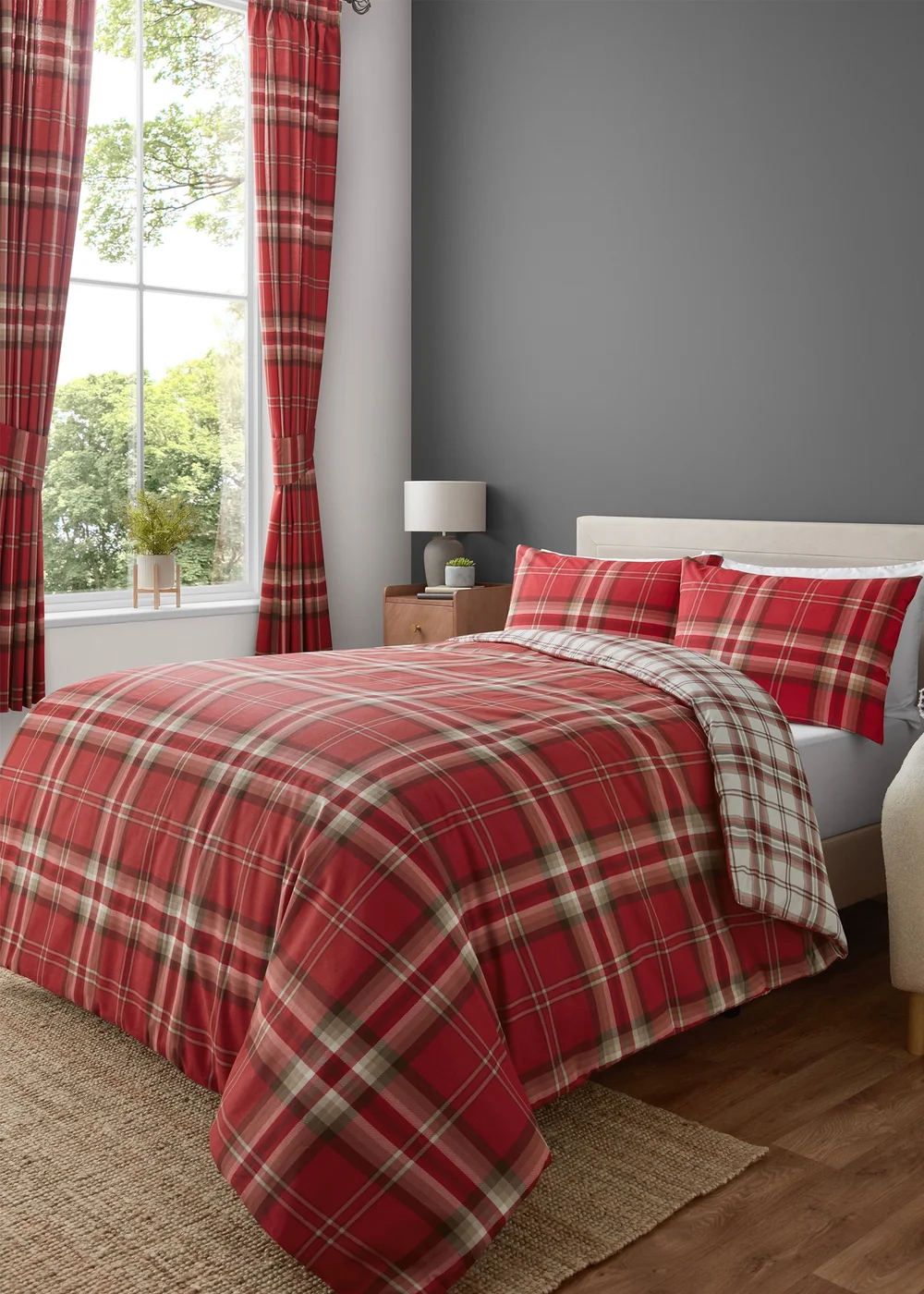 Catherine Lansfield Kelso Check Reversible Duvet Cover Set Red - Single Image 1