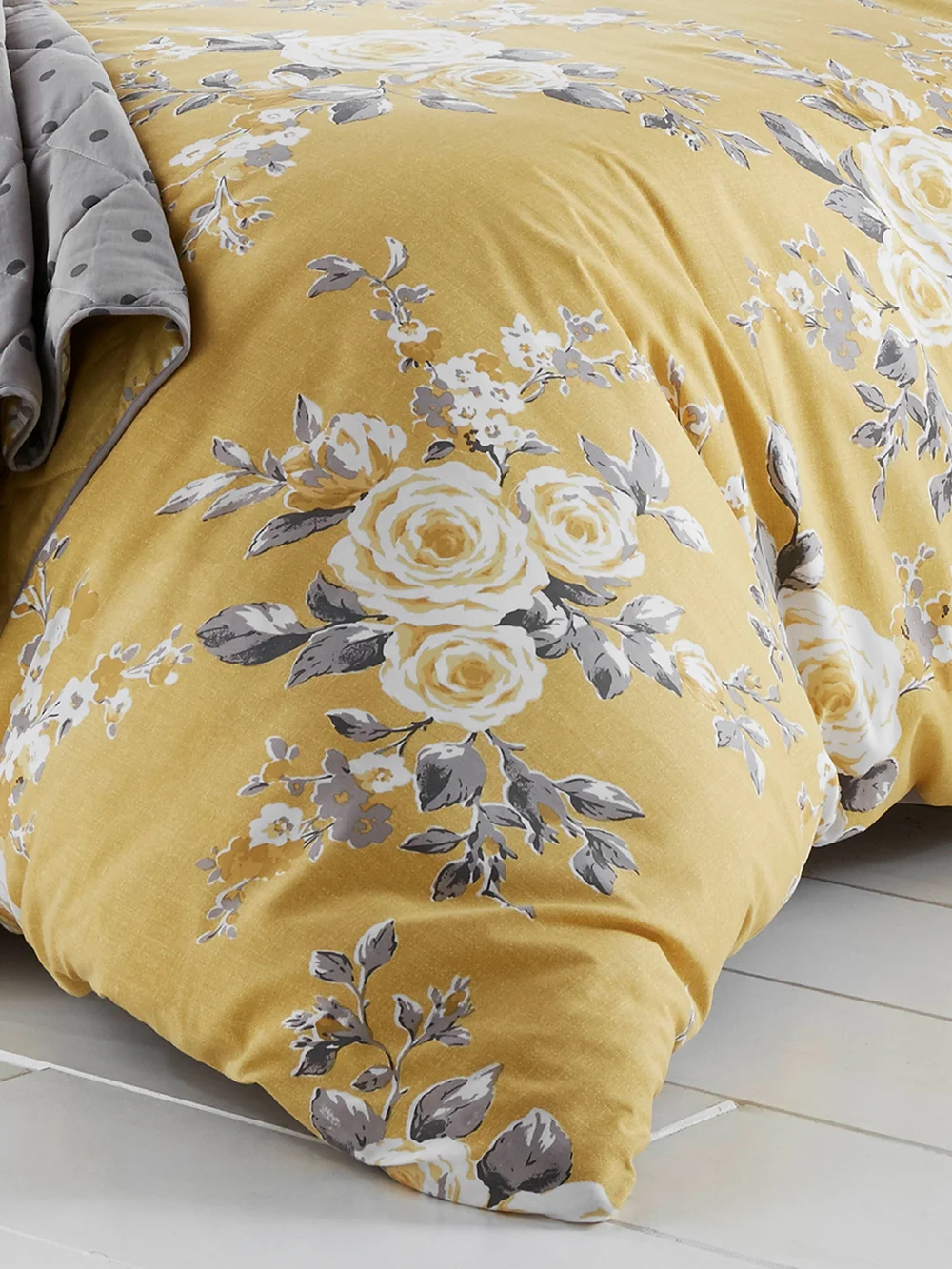 Catherine Lansfield Canterbury Floral Reversible Duvet Cover Set Ochre Yellow - Single Image 3