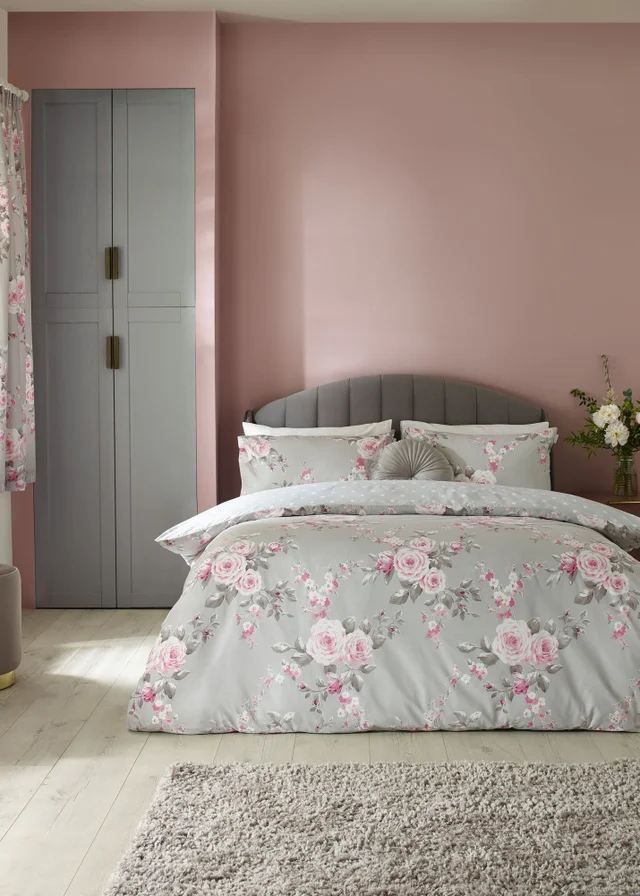Catherine Lansfield Canterbury Floral Reversible Duvet Cover Set Grey
