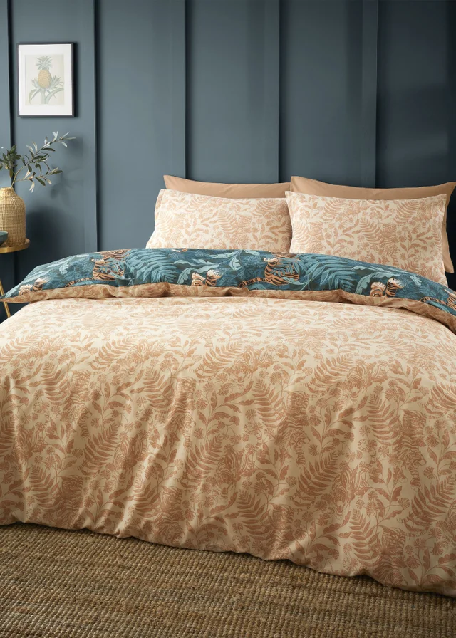 Catherine Lansfield Tropic Tiger Leaf Reversible Duvet Cover Set Green