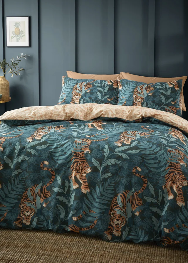 Catherine Lansfield Tropic Tiger Leaf Reversible Duvet Cover Set Green