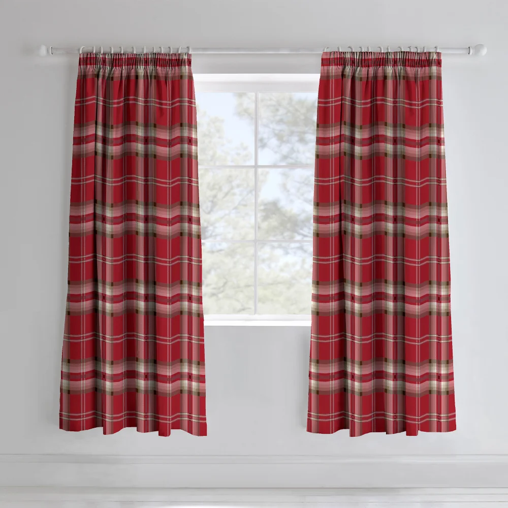Catherine Lansfield Red Kelso Check Lined Pencil Pleat Curtains Two Panels - 66W X 72D (168x183cm) Image 1