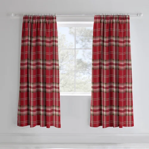 Catherine Lansfield Red Kelso Check Lined Pencil Pleat Curtains Two Panels - 66W X 72D (168x183cm) Image 1
